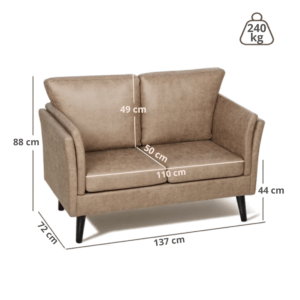 HOMCOM Modern Loveseat Sofa with Cushioned Backrest & Foam-Filled, Small 2-Seater Sofa Bed for Bedroom, Home Office, Light Brown (Grey/ Cover), Frame, Easy Maintenance, Space-Saving Design, No Assembly Required
