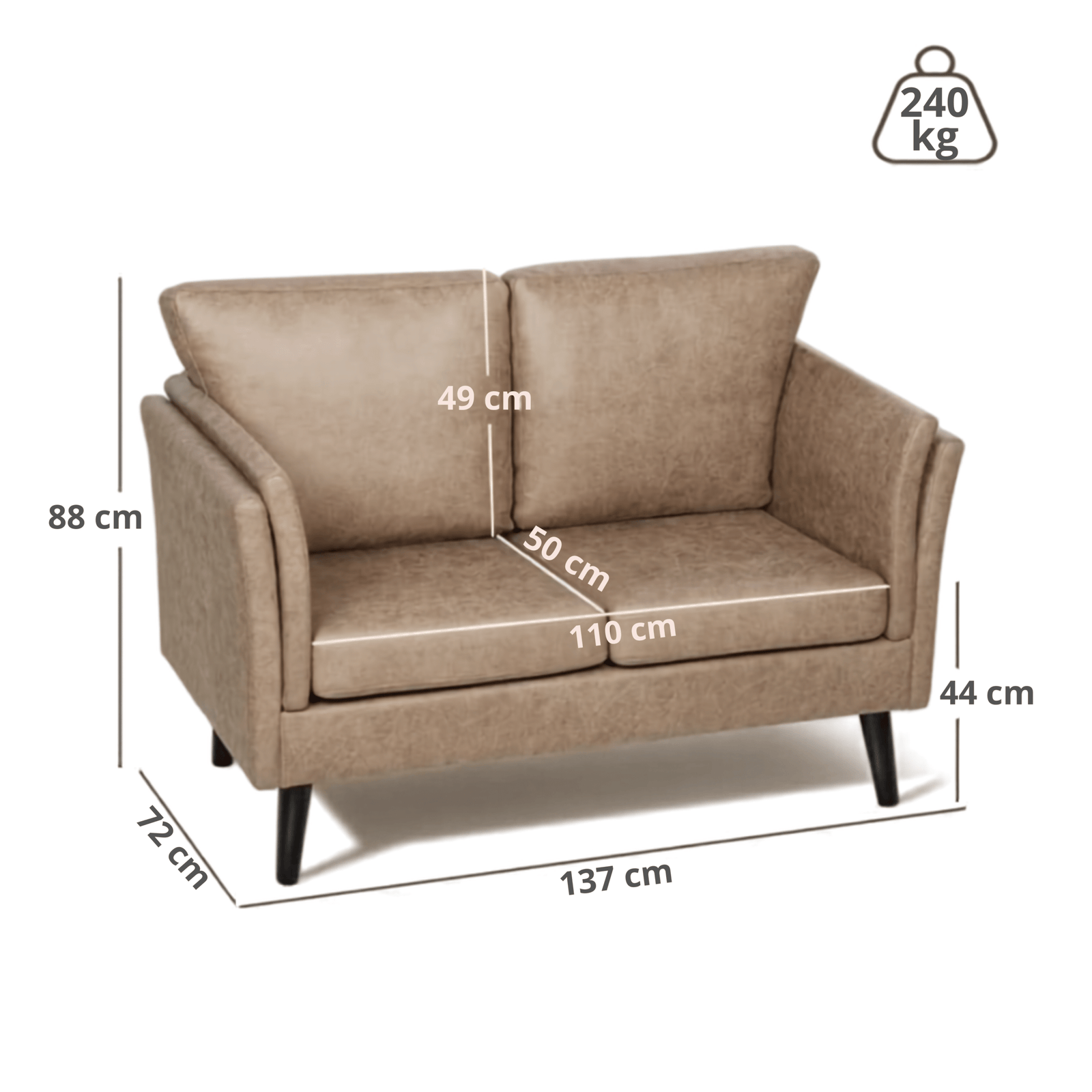 HOMCOM Modern Loveseat Sofa with Cushioned Backrest & Foam-Filled, Small 2-Seater Sofa Bed for Bedroom, Home Office, Light Brown (Grey/ Cover), Frame, Easy Maintenance, Space-Saving Design, No Assembly Required
