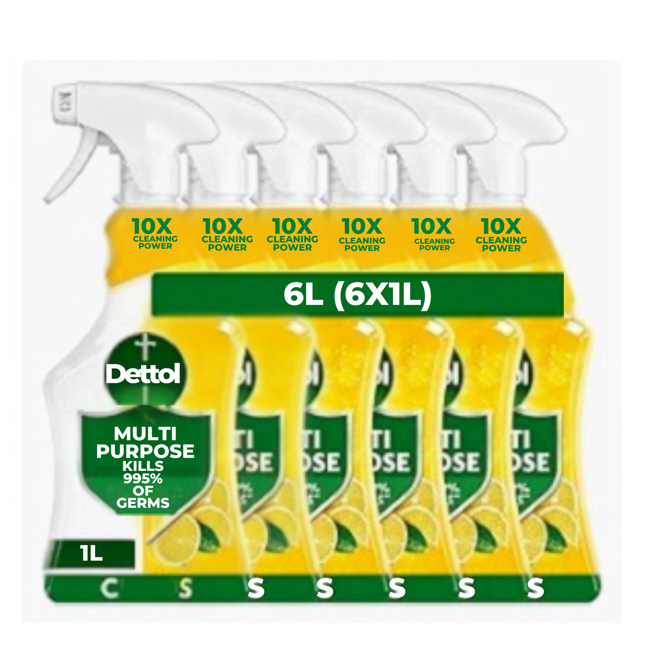 Dettol Multi-Purpose Cleaner Spray Citrus Lemon - 6L Bulk Pack (6 x 1L Bottles) - 10X Cleaning Power & Antibacterial Disinfectant