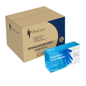 ViraCare Blue Vinyl Disposable Gloves – Bulk Case of 1,000 (10 Boxes of 100), Powder-Free & Latex-Free