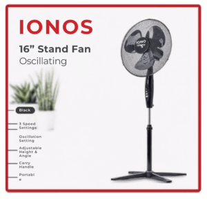 16-Inch Oscillating Stand Fan (IONOS, Black)
