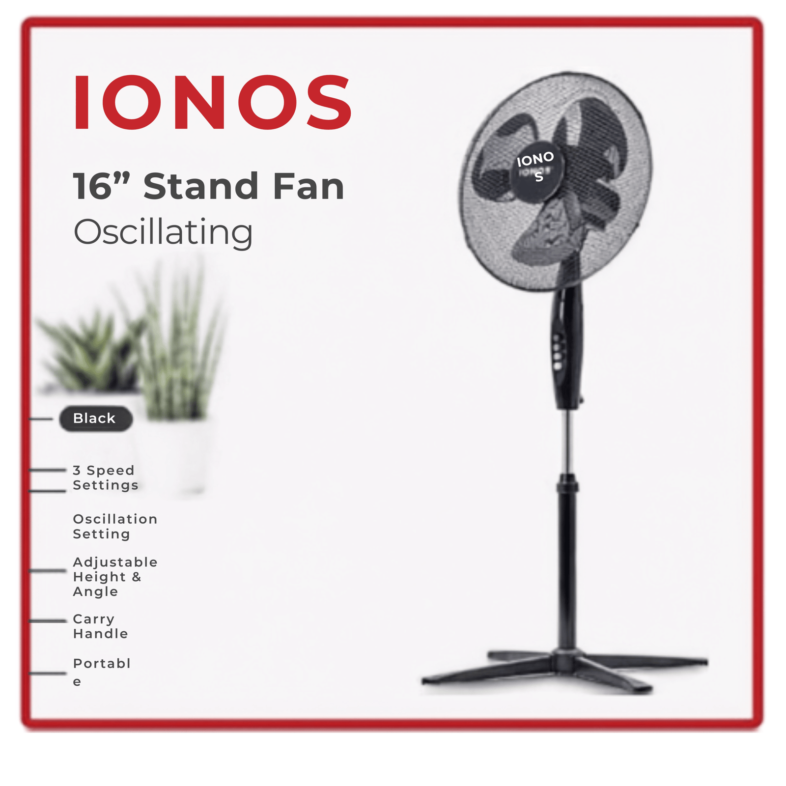 16-Inch Oscillating Stand Fan (IONOS, Black)