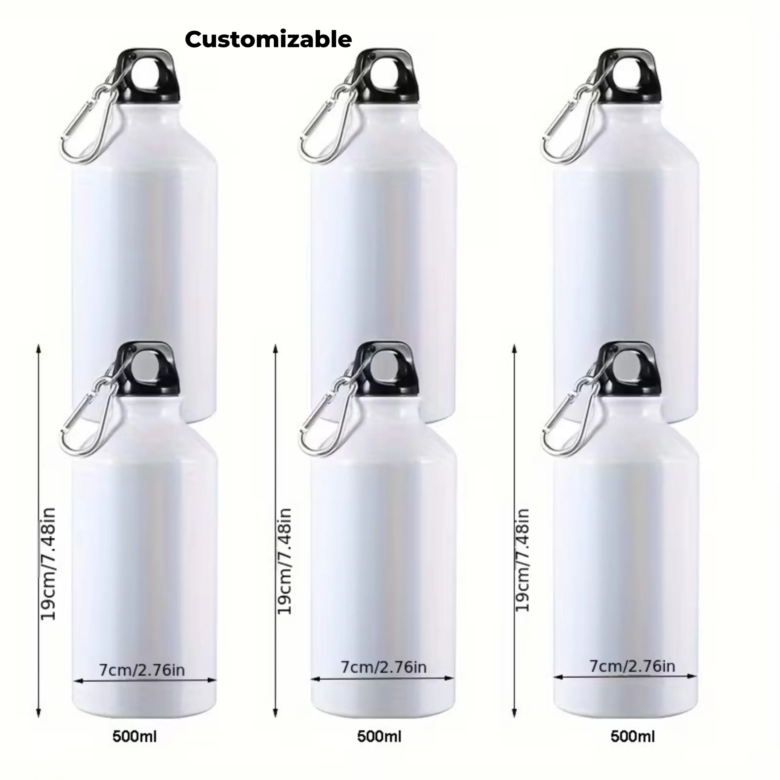 Customizable Sublimation Aluminium Sports Water Bottle with Carabiner Clip (500ml) – Pack of 50