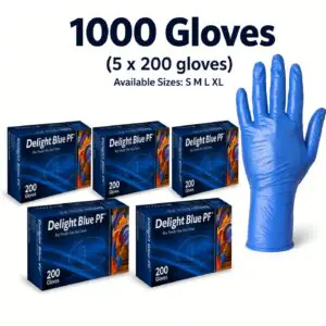 5 Boxes (1000Pcs) Delight Blue Vinyl Disposable Gloves, Powder Free, Textured Grip, Lightweight Flexible, General Purpose S, M, L, XL