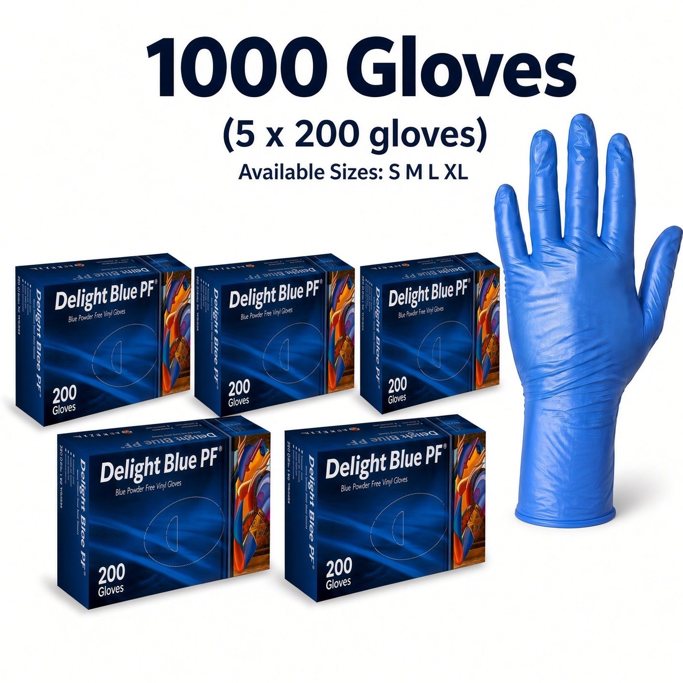 5 Boxes (1000Pcs) Delight Blue Vinyl Disposable Gloves, Powder Free, Textured Grip, Lightweight Flexible, General Purpose S, M, L, XL